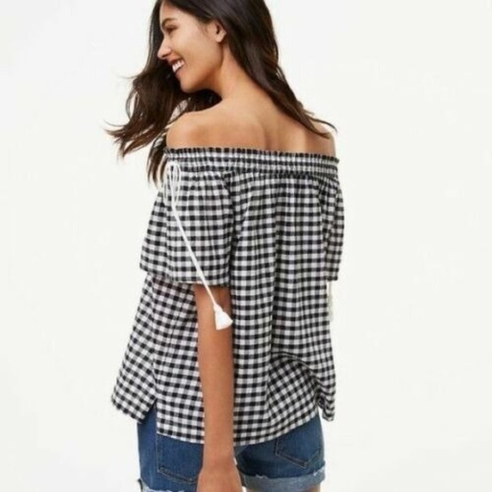 LOFT Black and White Gingham Off-the-Shoulder Blouse